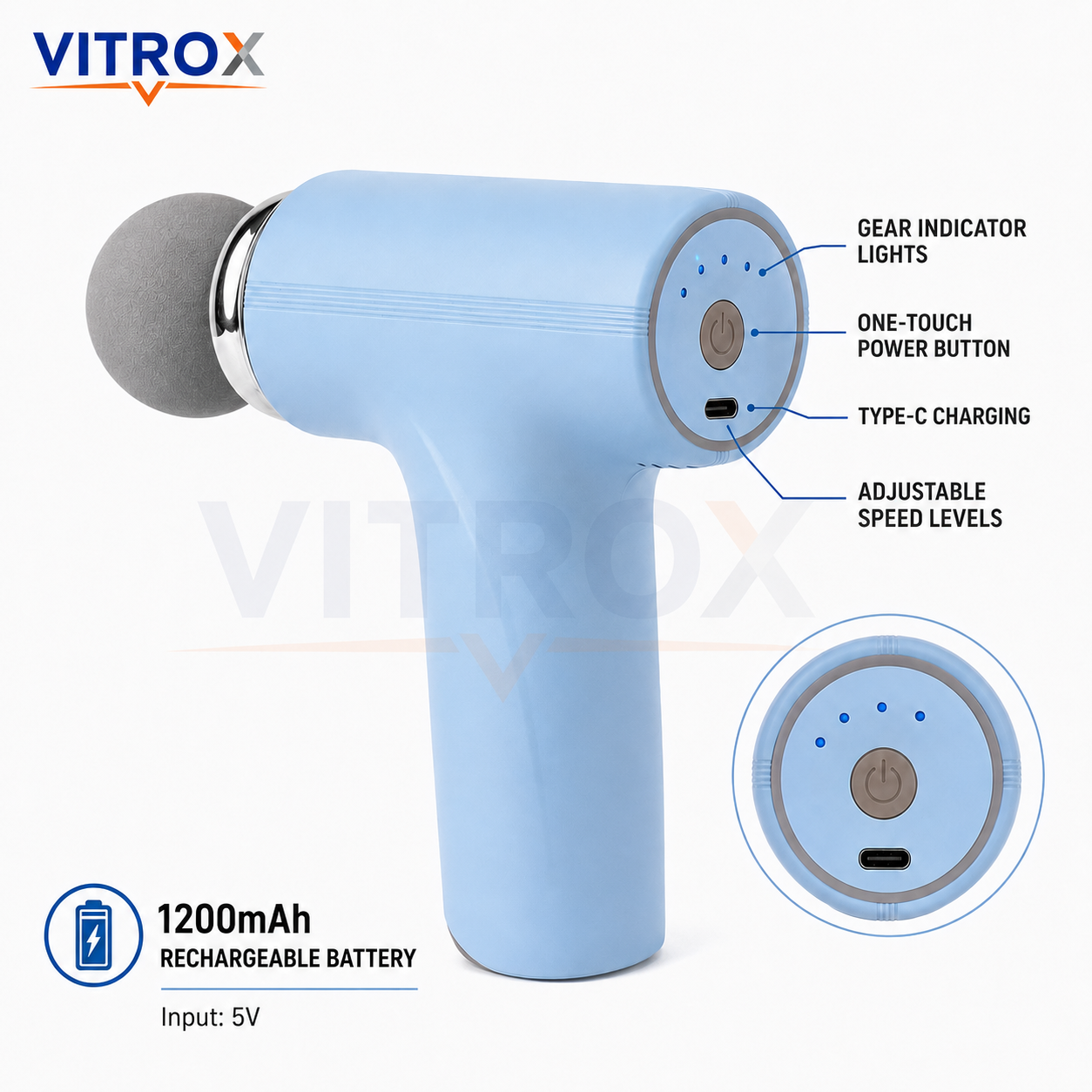 Vitrox Mini Massage Gun Portable Deep Tissue Body Massager with 4 Massage Heads, Type-C Charging – Light Blue