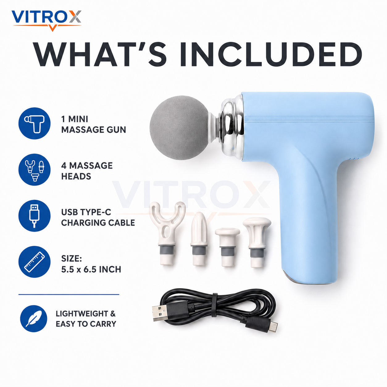 Vitrox Mini Massage Gun Portable Deep Tissue Body Massager with 4 Massage Heads, Type-C Charging – Light Blue