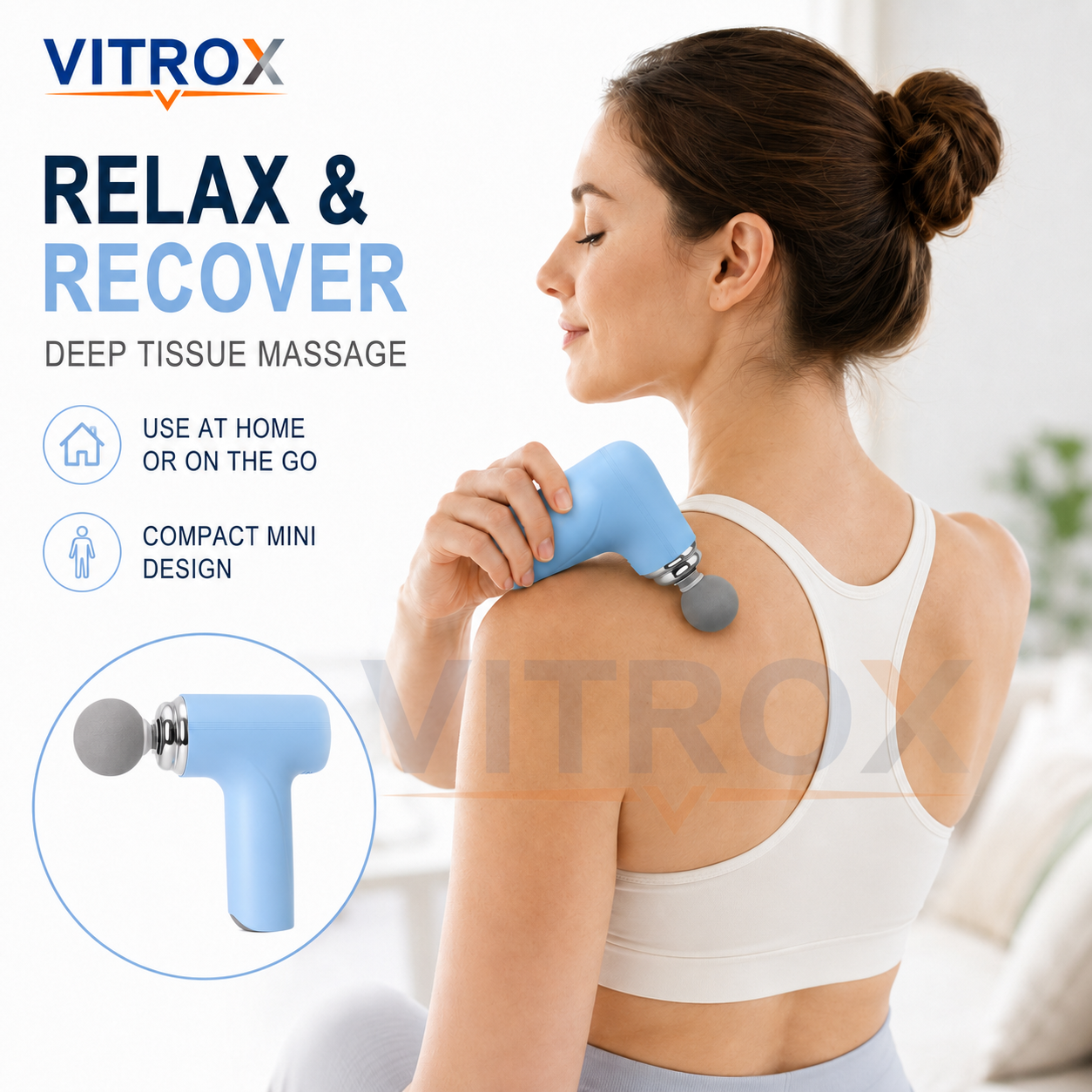 Vitrox Mini Massage Gun Portable Deep Tissue Body Massager with 4 Massage Heads, Type-C Charging – Light Blue