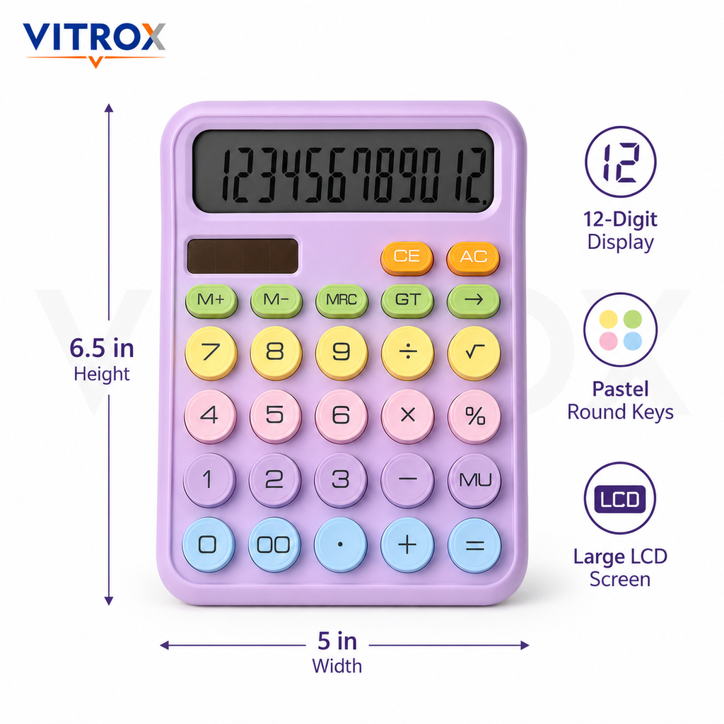 12-Digit Pastel Calculator with Large LCD Display | Dual Power Desk Calculator