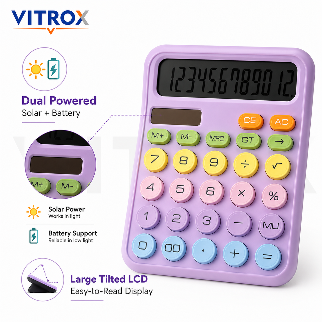 12-Digit Pastel Calculator with Large LCD Display | Dual Power Desk Calculator