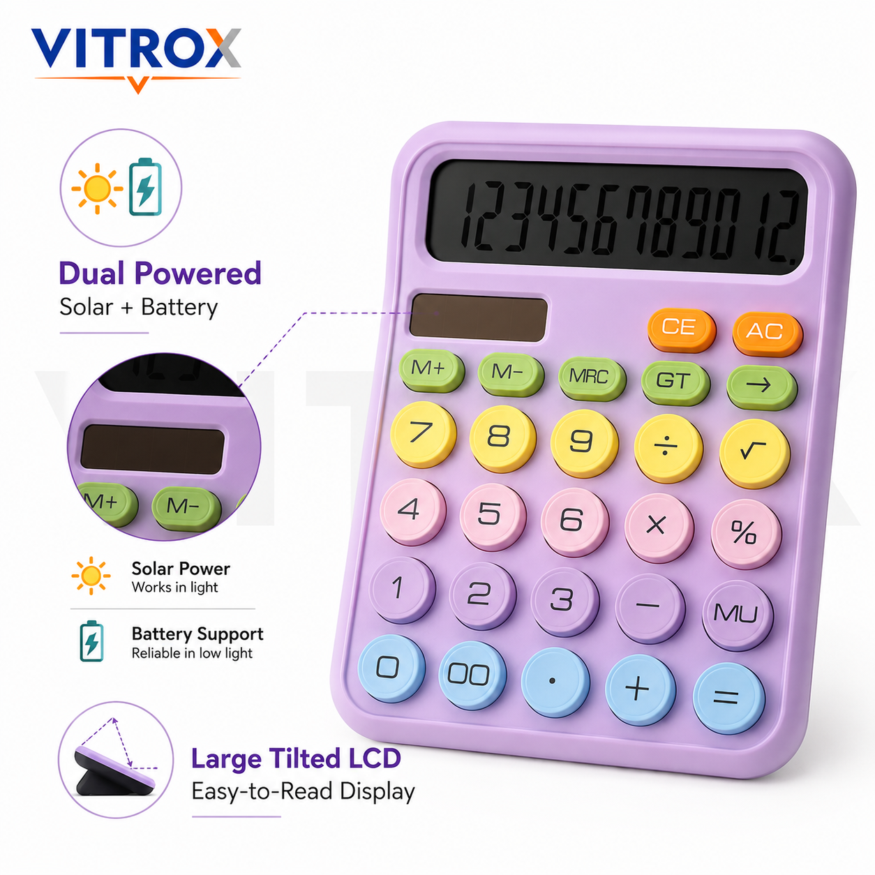 12-Digit Pastel Calculator with Large LCD Display | Dual Power Desk Calculator