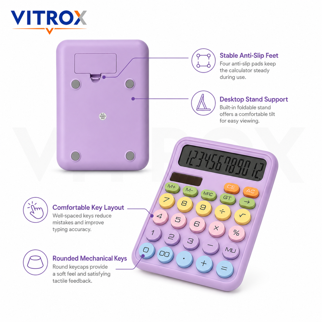 12-Digit Pastel Calculator with Large LCD Display | Dual Power Desk Calculator