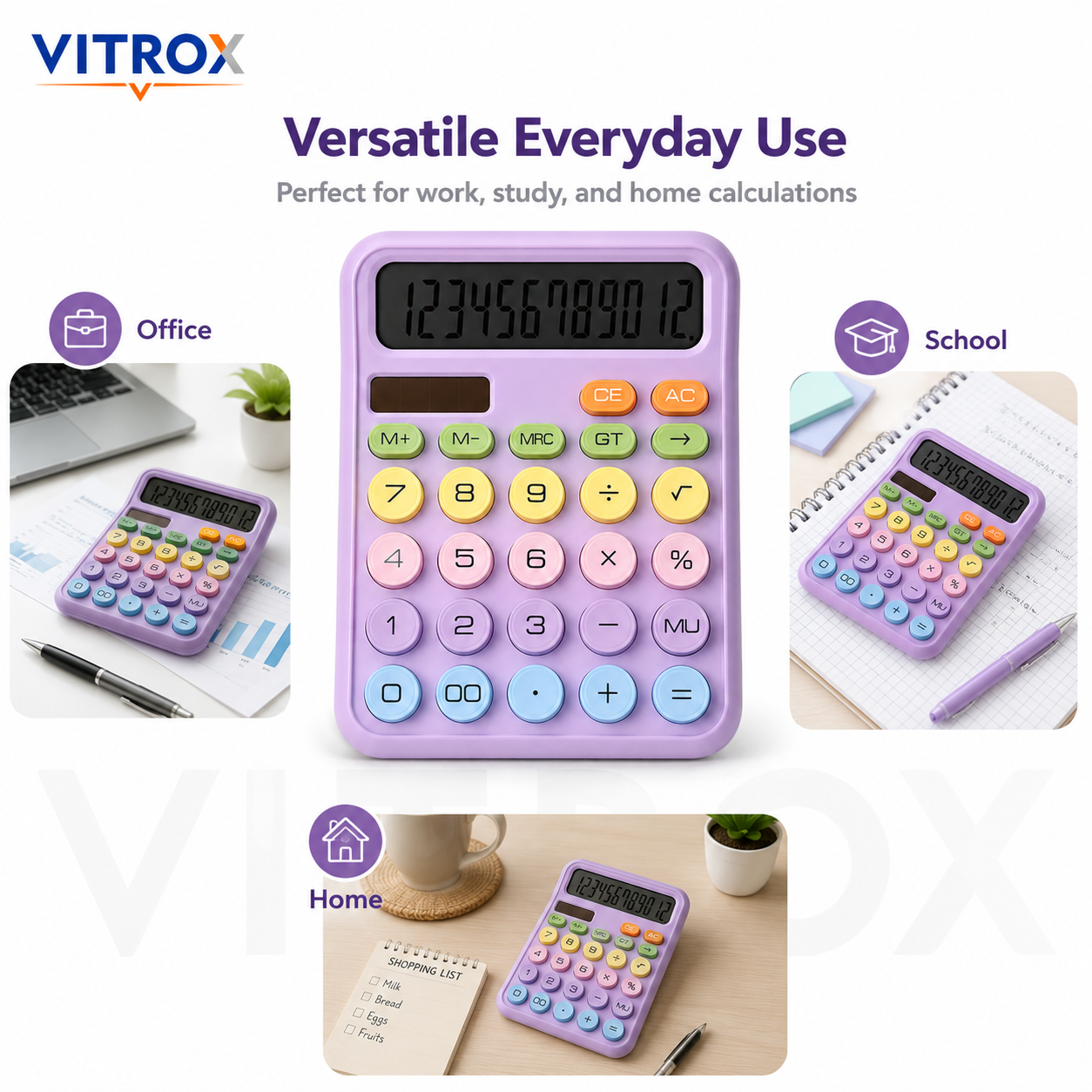 12-Digit Pastel Calculator with Large LCD Display | Dual Power Desk Calculator