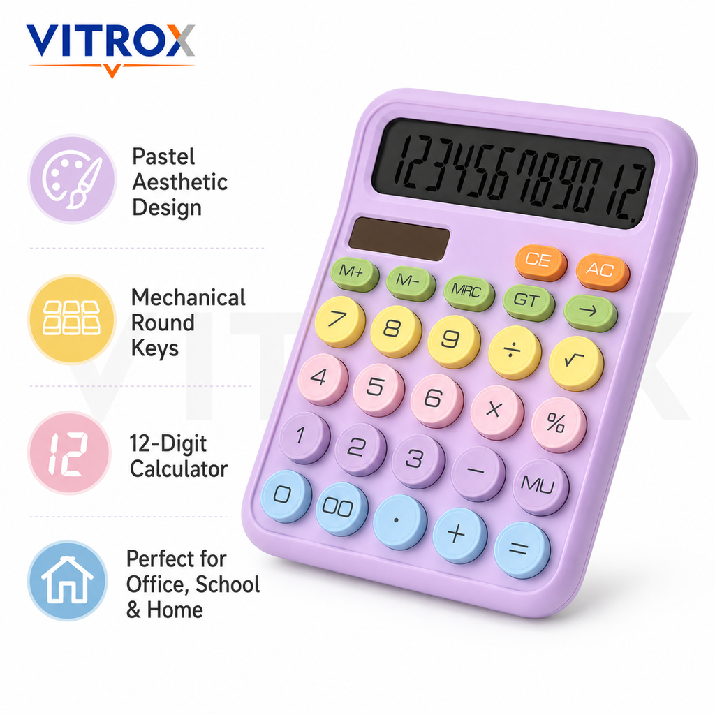 12-Digit Pastel Calculator with Large LCD Display | Dual Power Desk Calculator