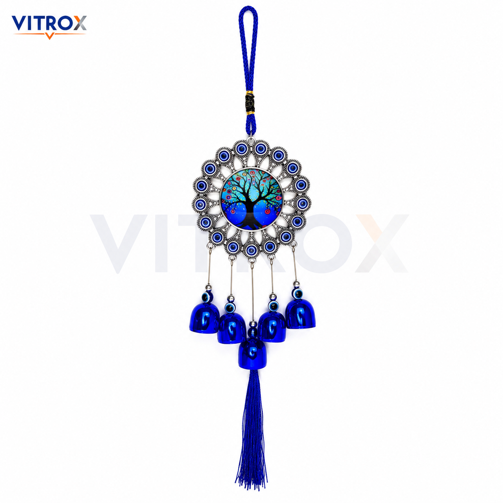 Vitrox Tree of Life Evil Eye Wind Chime with Blue Bells &amp; Tassel Hanging Decor