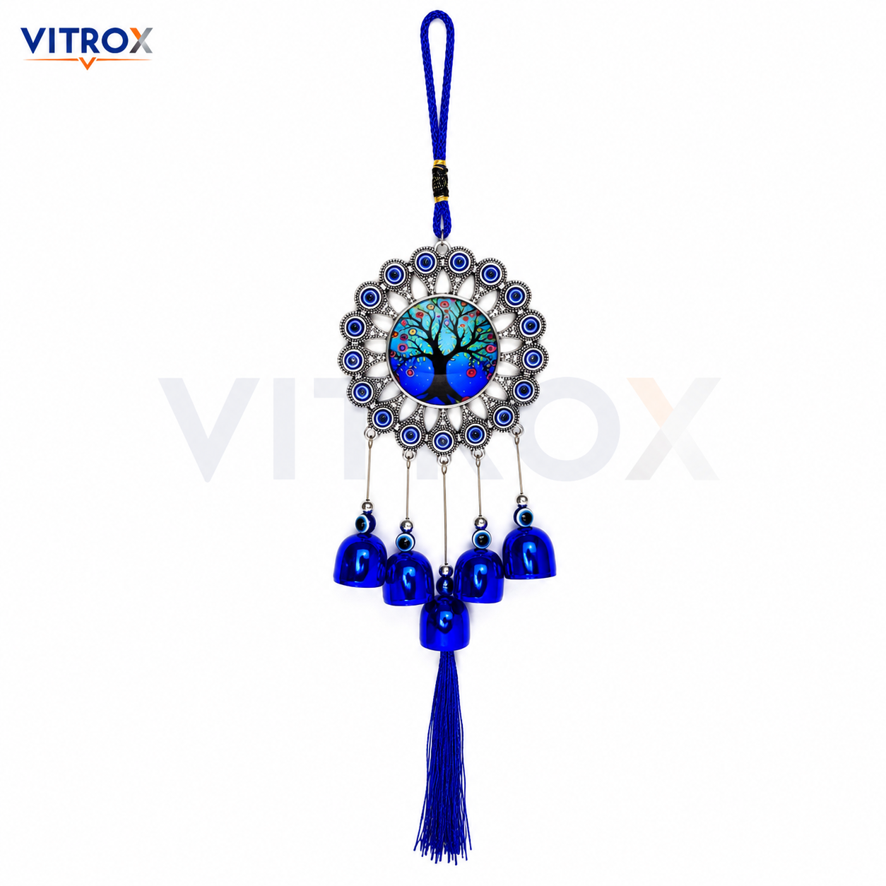 Vitrox Tree of Life Evil Eye Wind Chime with Blue Bells &amp; Tassel Hanging Decor