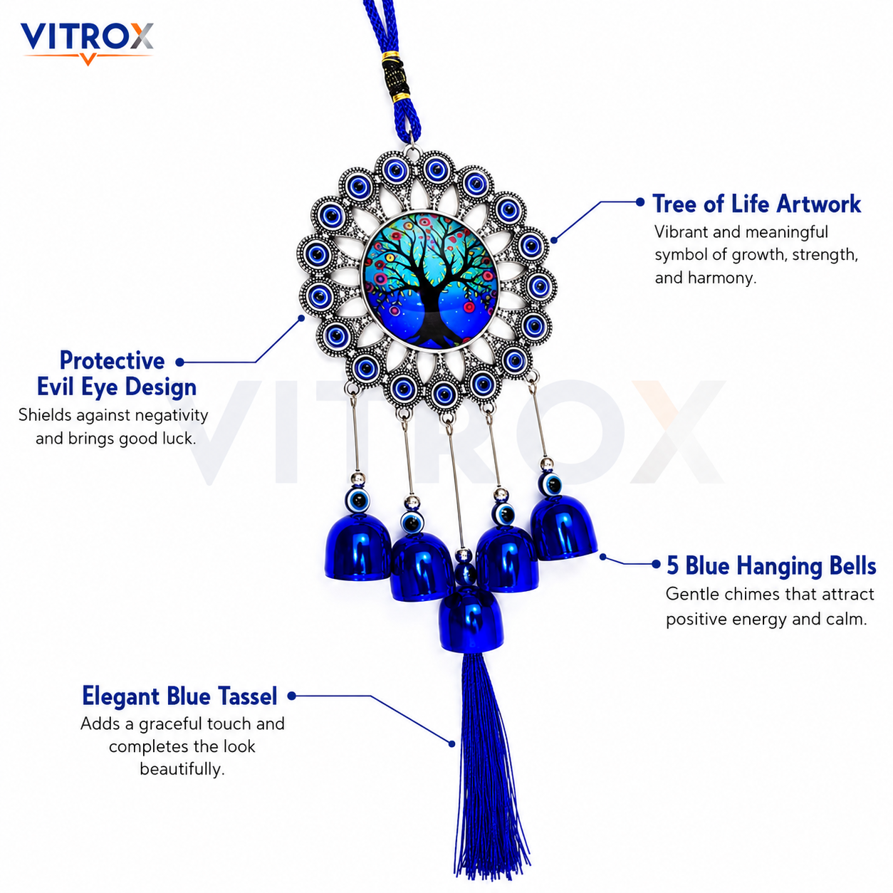 Vitrox Tree of Life Evil Eye Wind Chime with Blue Bells &amp; Tassel Hanging Decor