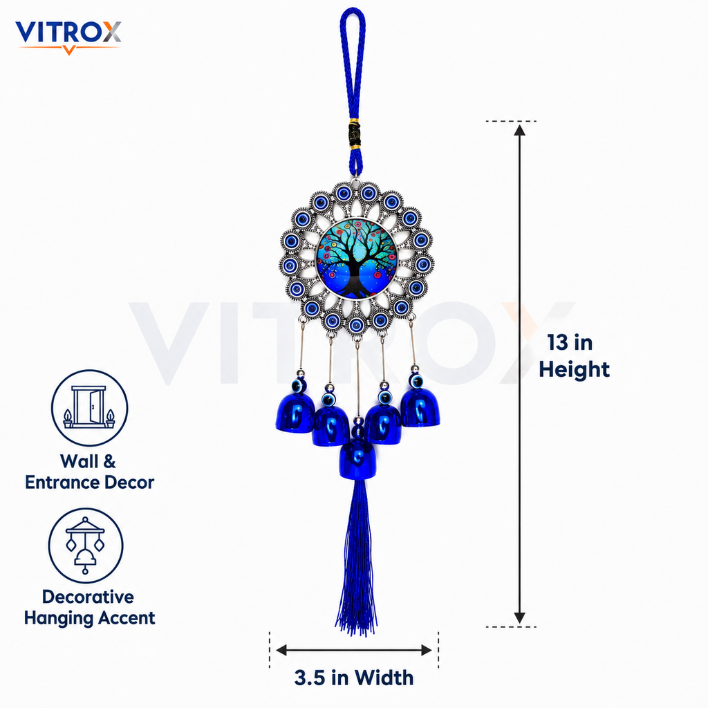 Vitrox Tree of Life Evil Eye Wind Chime with Blue Bells &amp; Tassel Hanging Decor