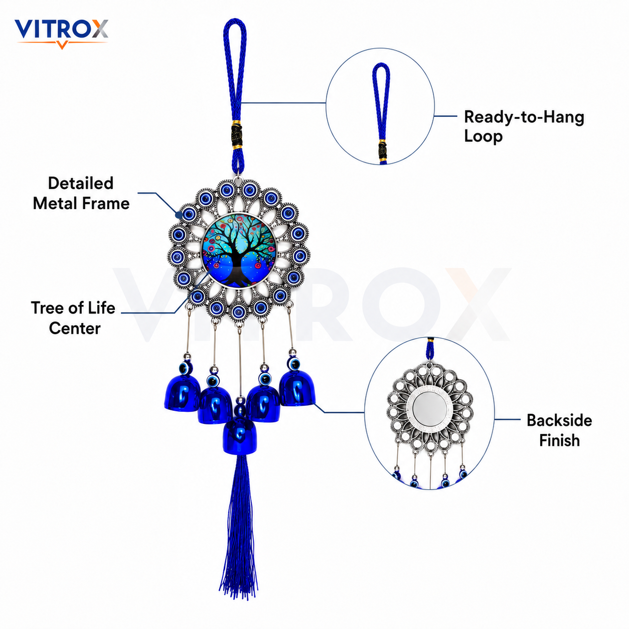 Vitrox Tree of Life Evil Eye Wind Chime with Blue Bells &amp; Tassel Hanging Decor
