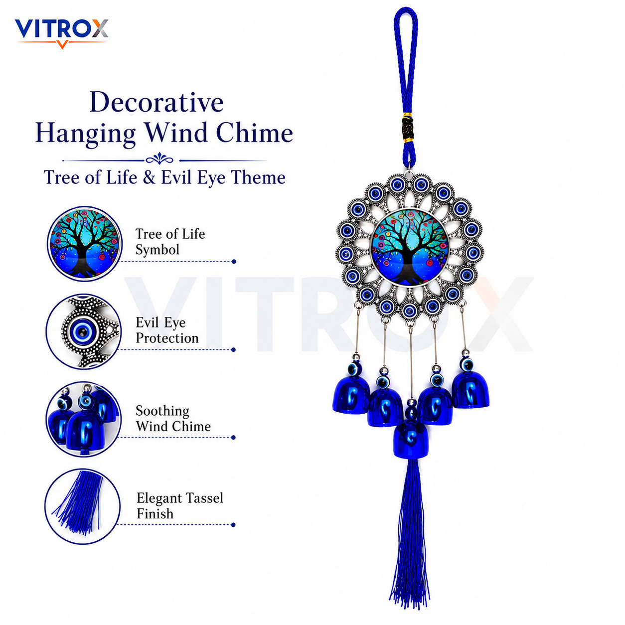 Vitrox Tree of Life Evil Eye Wind Chime with Blue Bells &amp; Tassel Hanging Decor