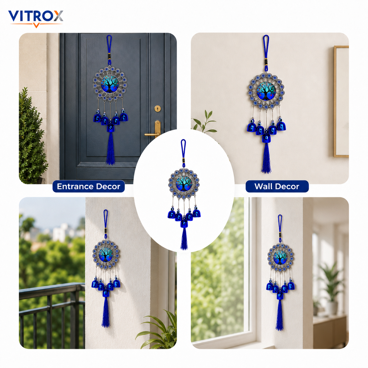 Vitrox Tree of Life Evil Eye Wind Chime with Blue Bells &amp; Tassel Hanging Decor