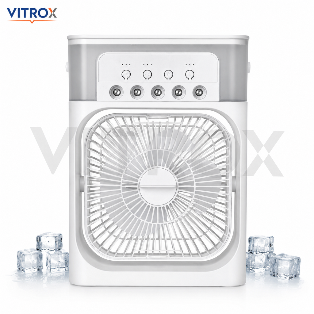Vitrox Mini Cooling Fan with 5 Mist Nozzles, 3-Speed Airflow, Top Water Tank &amp; Type-C Power – White and Grey
