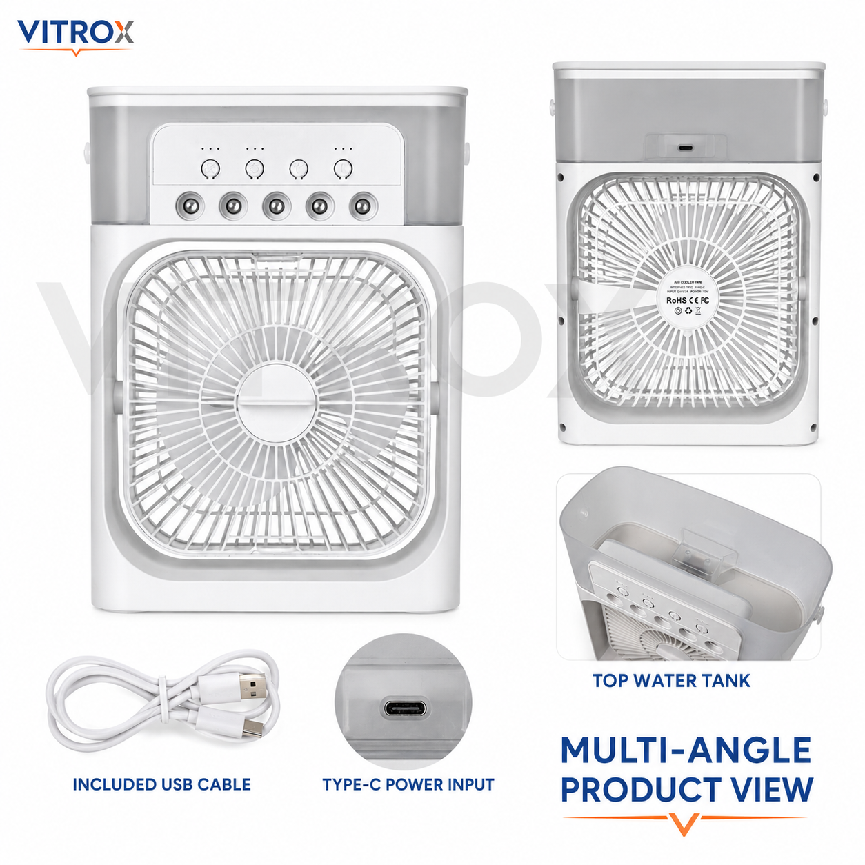 Vitrox Mini Cooling Fan with 5 Mist Nozzles, 3-Speed Airflow, Top Water Tank &amp; Type-C Power – White and Grey