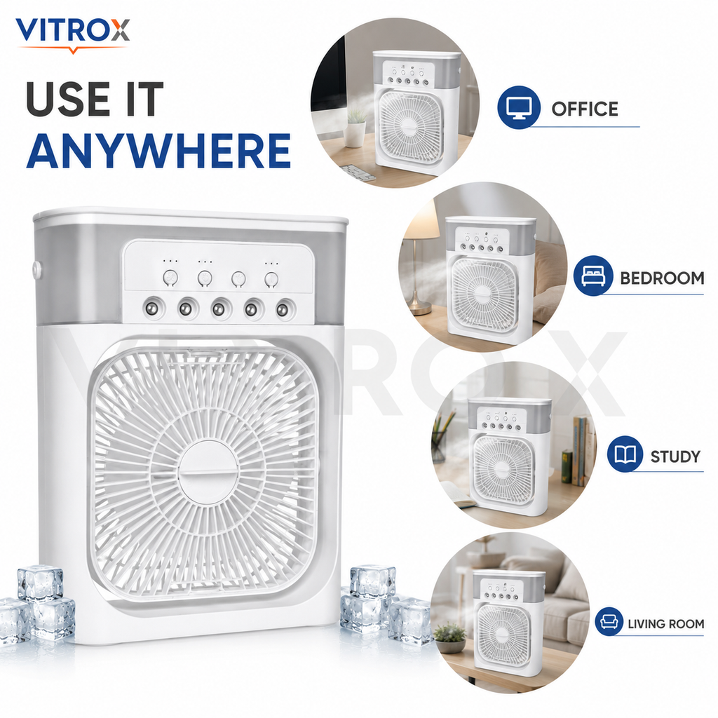 Vitrox Mini Cooling Fan with 5 Mist Nozzles, 3-Speed Airflow, Top Water Tank &amp; Type-C Power – White and Grey