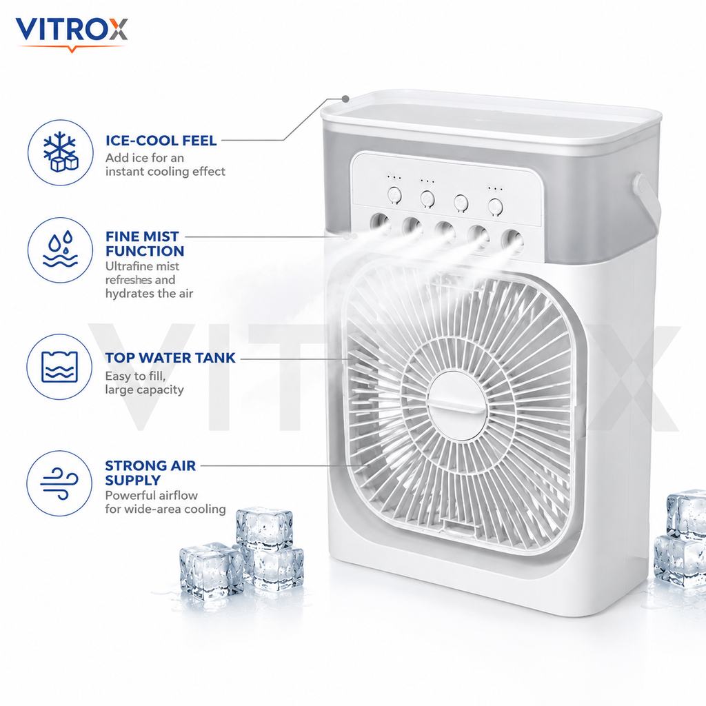 Vitrox Mini Cooling Fan with 5 Mist Nozzles, 3-Speed Airflow, Top Water Tank &amp; Type-C Power – White and Grey