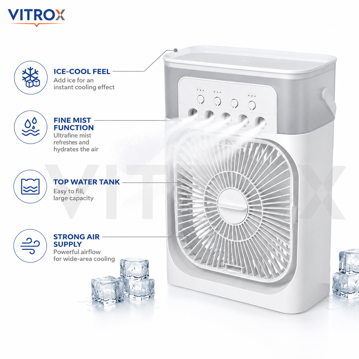 Vitrox Mini Cooling Fan with 5 Mist Nozzles, 3-Speed Airflow, Top Water Tank &amp; Type-C Power – White and Grey