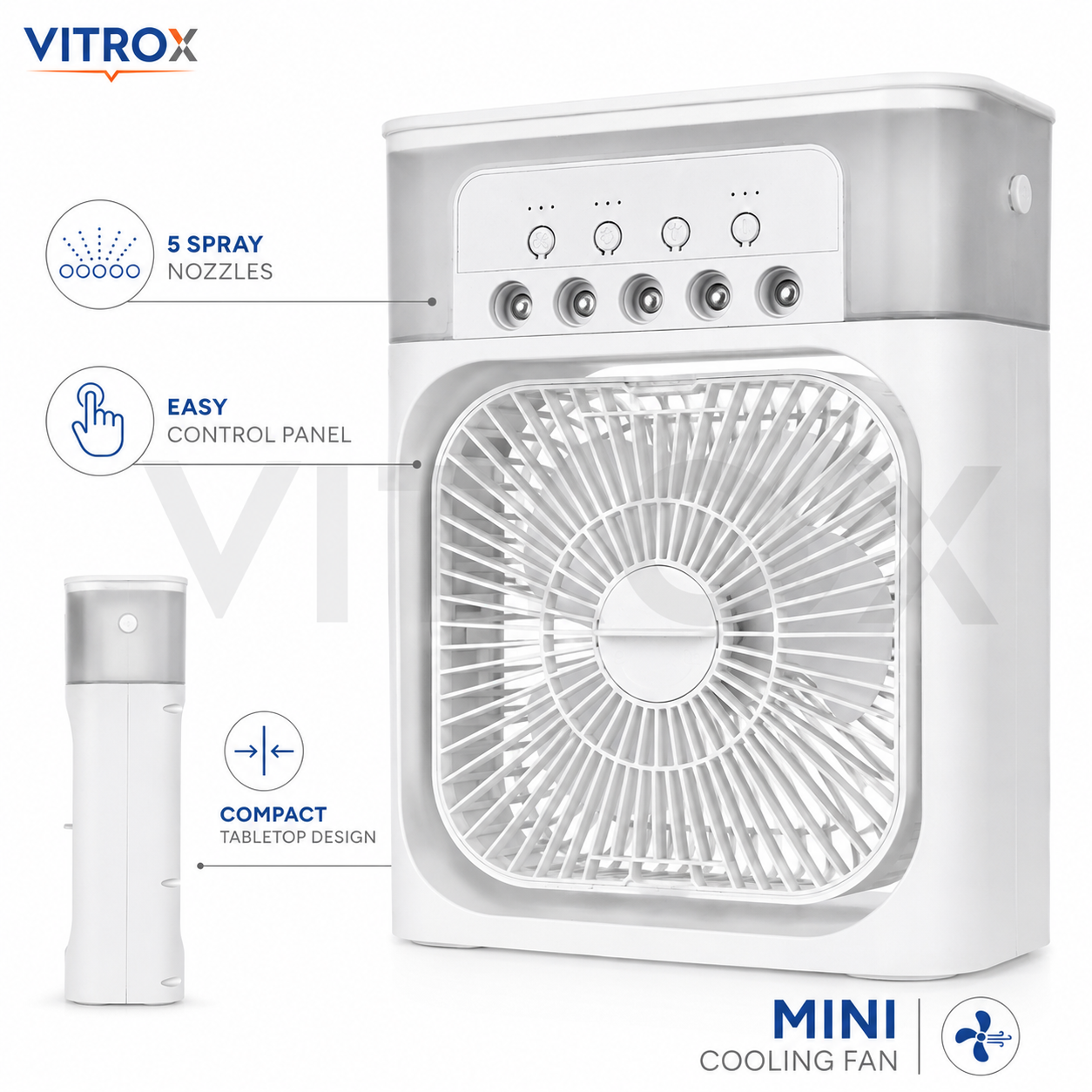 Vitrox Mini Cooling Fan with 5 Mist Nozzles, 3-Speed Airflow, Top Water Tank &amp; Type-C Power – White and Grey