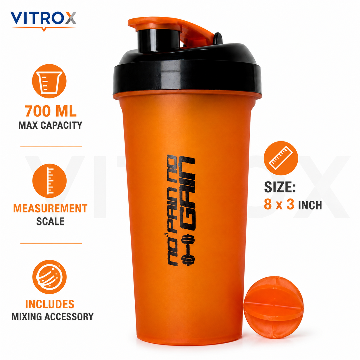 Vitrox 700 ML Gym Shaker Bottle with Mixing Accessory – Flip-Top Protein Shaker with Measurement Scale, Orange