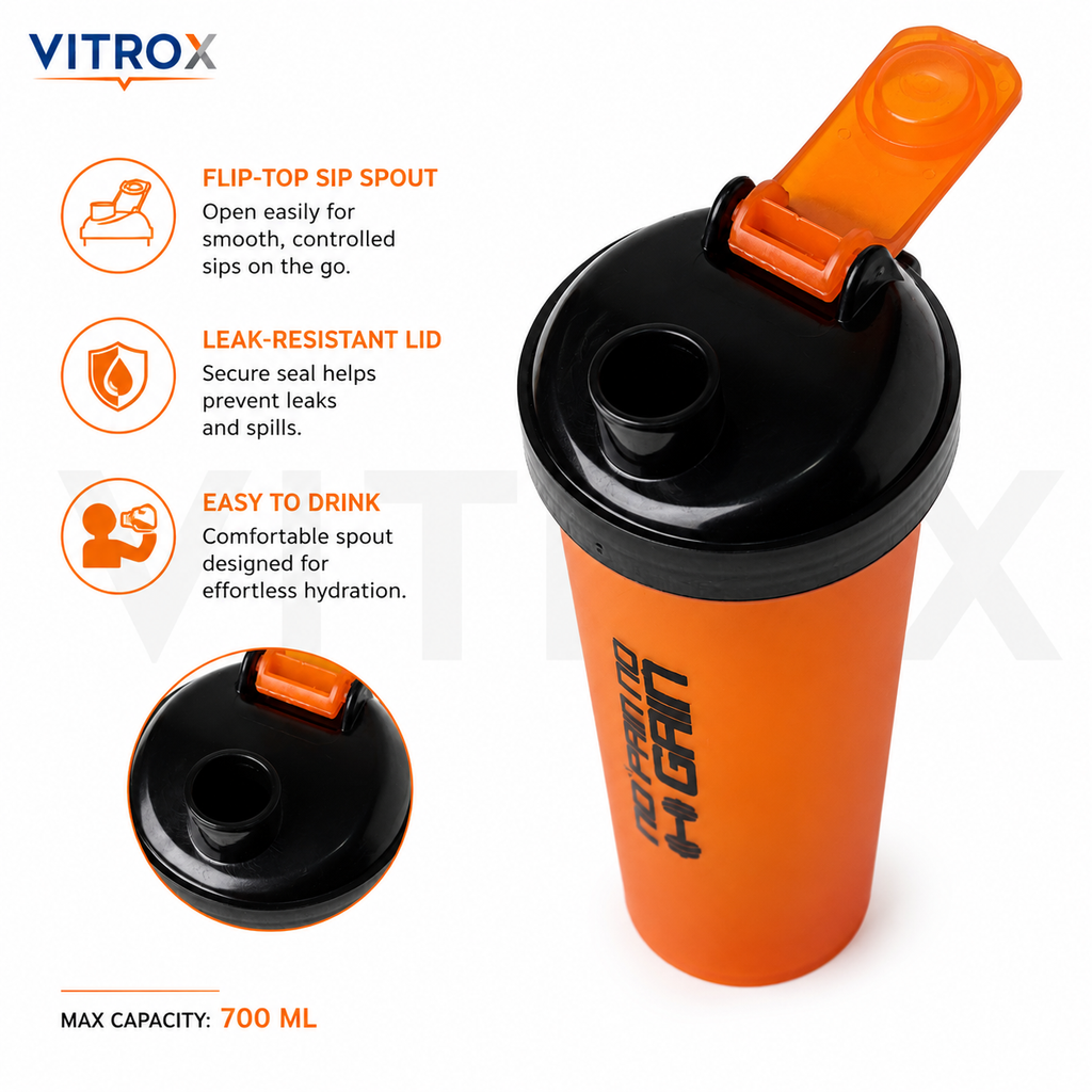 Vitrox 700 ML Gym Shaker Bottle with Mixing Accessory – Flip-Top Protein Shaker with Measurement Scale, Orange