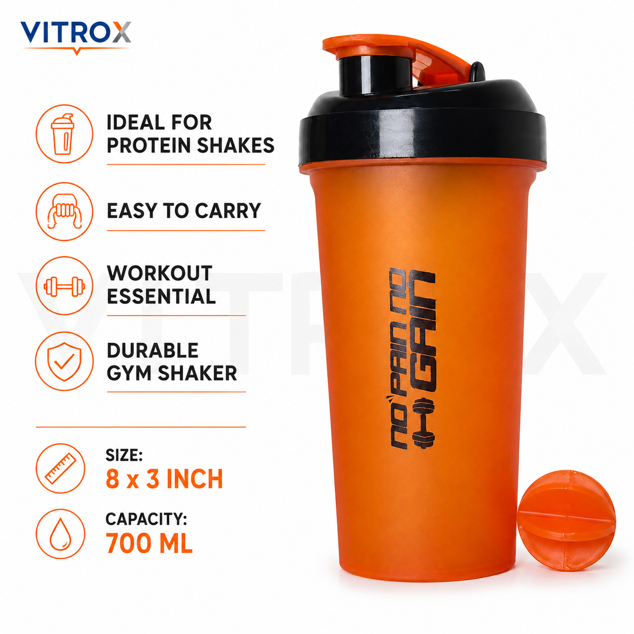 Vitrox 700 ML Gym Shaker Bottle with Mixing Accessory – Flip-Top Protein Shaker with Measurement Scale, Orange