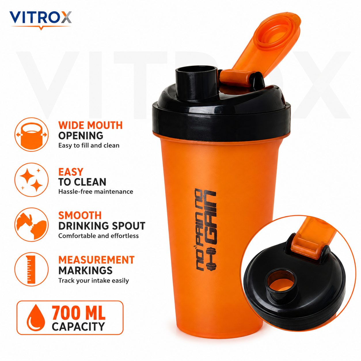 Vitrox 700 ML Gym Shaker Bottle with Mixing Accessory – Flip-Top Protein Shaker with Measurement Scale, Orange