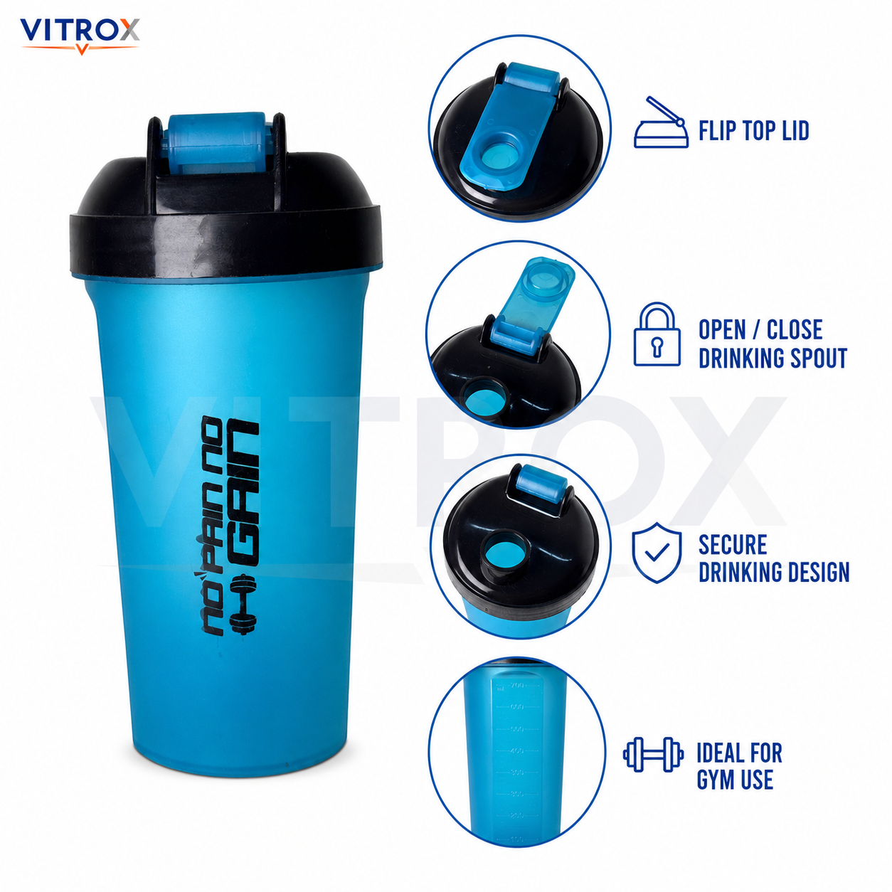 Vitrox 700 ML Gym Shaker Bottle with Mixing Accessory – Flip-Top Protein Shaker with Measurement Scale