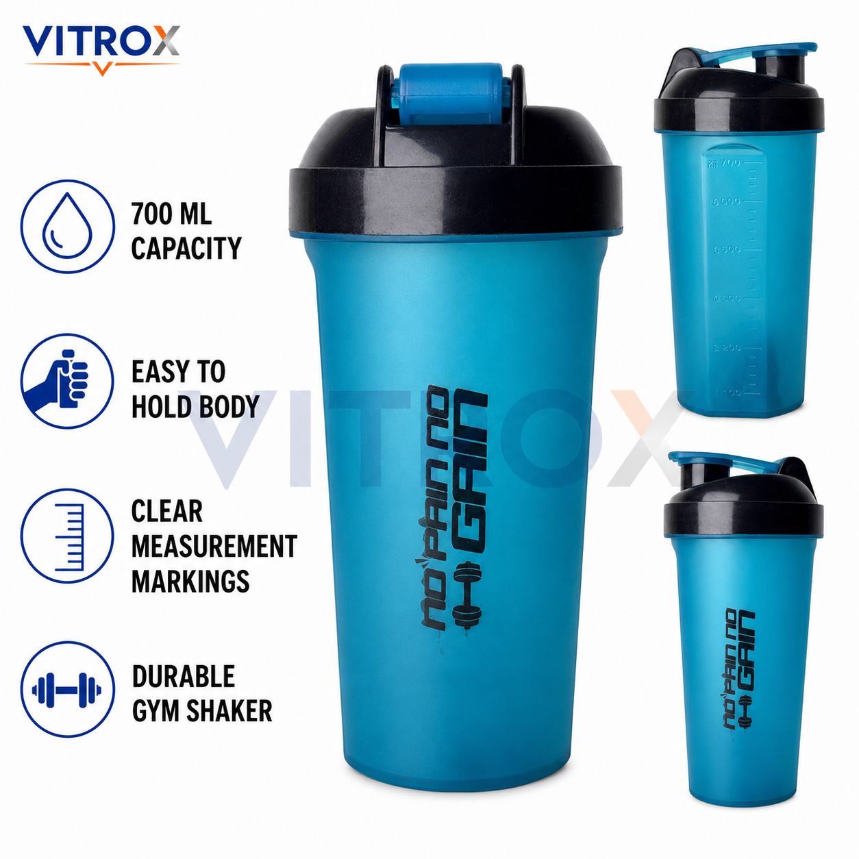 Vitrox 700 ML Gym Shaker Bottle with Mixing Accessory – Flip-Top Protein Shaker with Measurement Scale