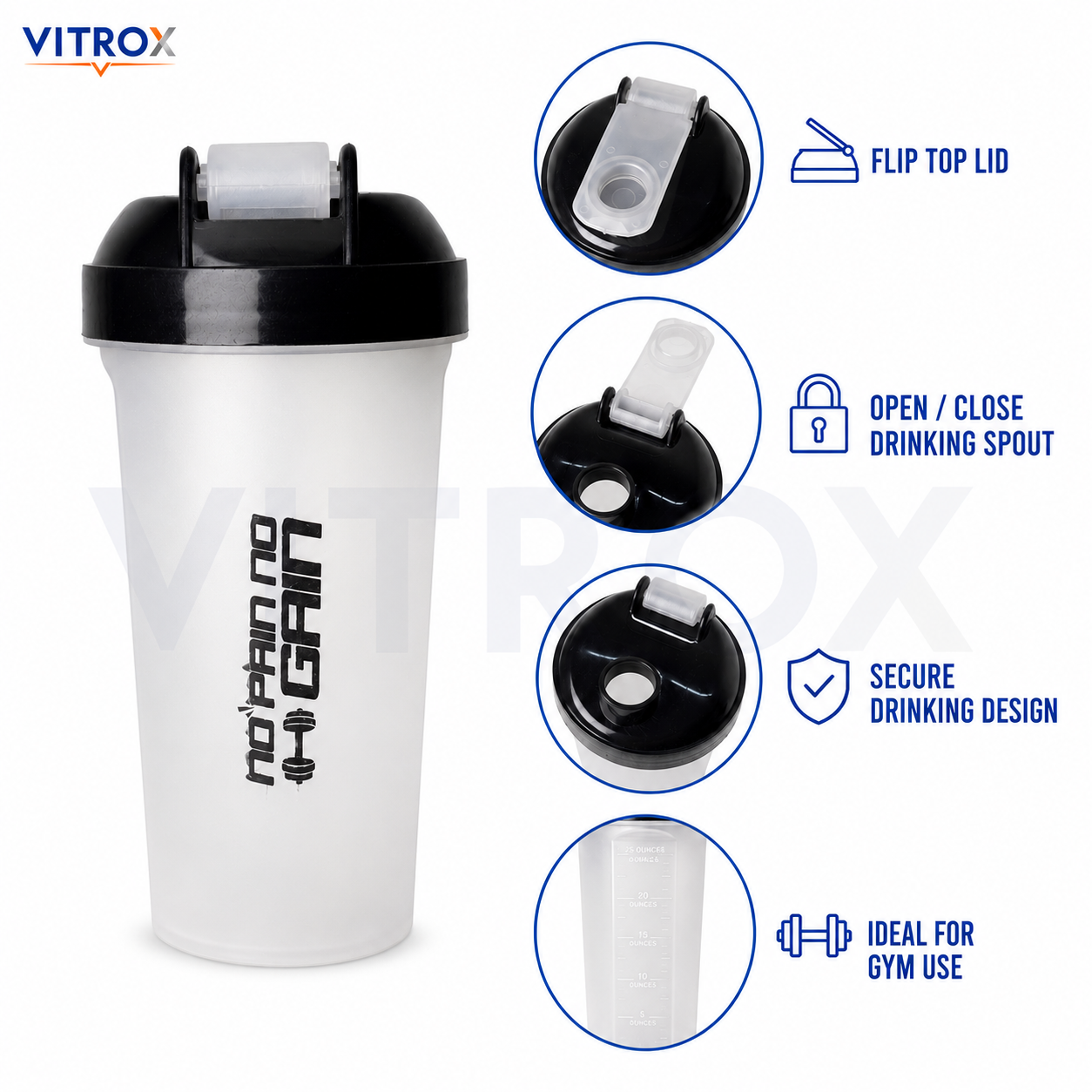 Vitrox 700 ML Gym Shaker Bottle with Mixing Accessory – Flip-Top Protein Shaker with Measurement Scale