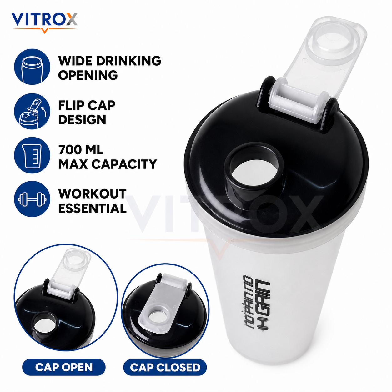 Vitrox 700 ML Gym Shaker Bottle with Mixing Accessory – Flip-Top Protein Shaker with Measurement Scale