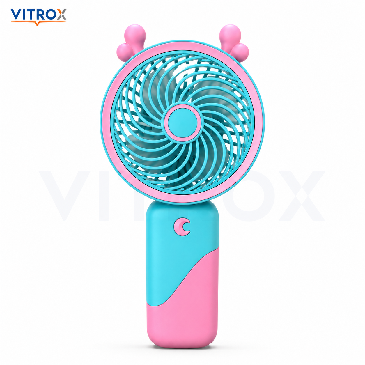 Vitrox 6-Inch Rechargeable Mini Hand Fan with 3-Speed Airflow, Soft Light &amp; Detachable Desk Stand – Aqua Blue &amp; Pink