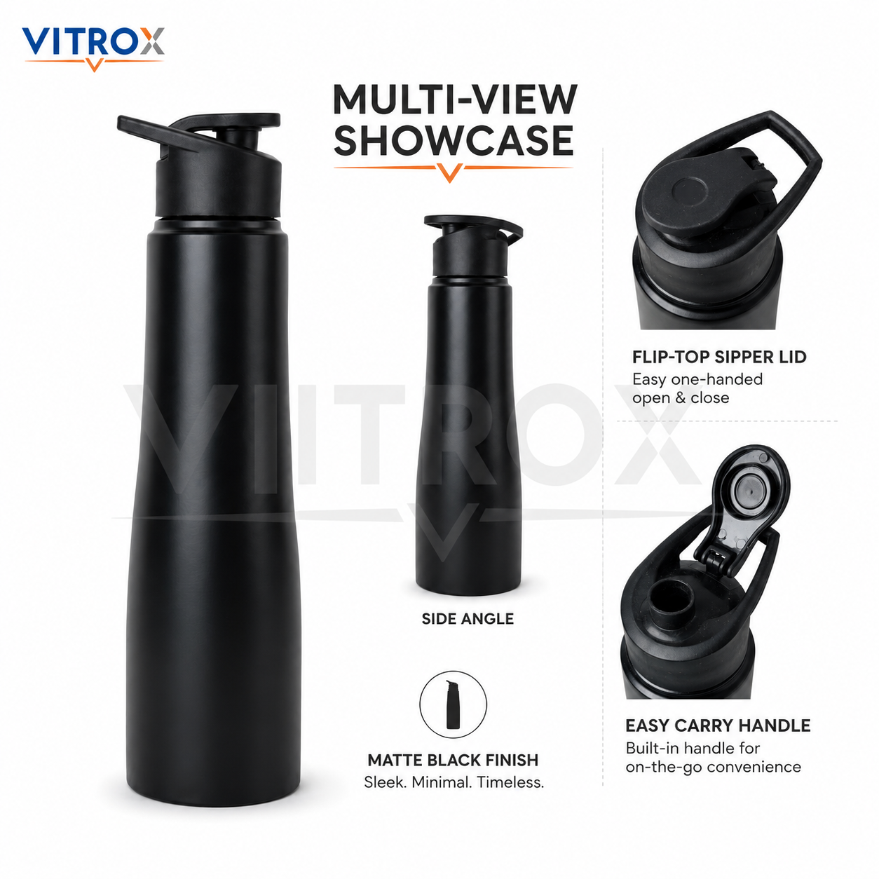 1000ml Matte Black Sipper Water Bottle with Flip Top Lid