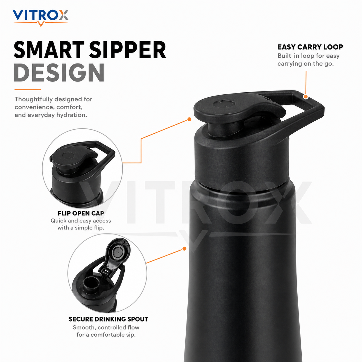 1000ml Matte Black Sipper Water Bottle with Flip Top Lid