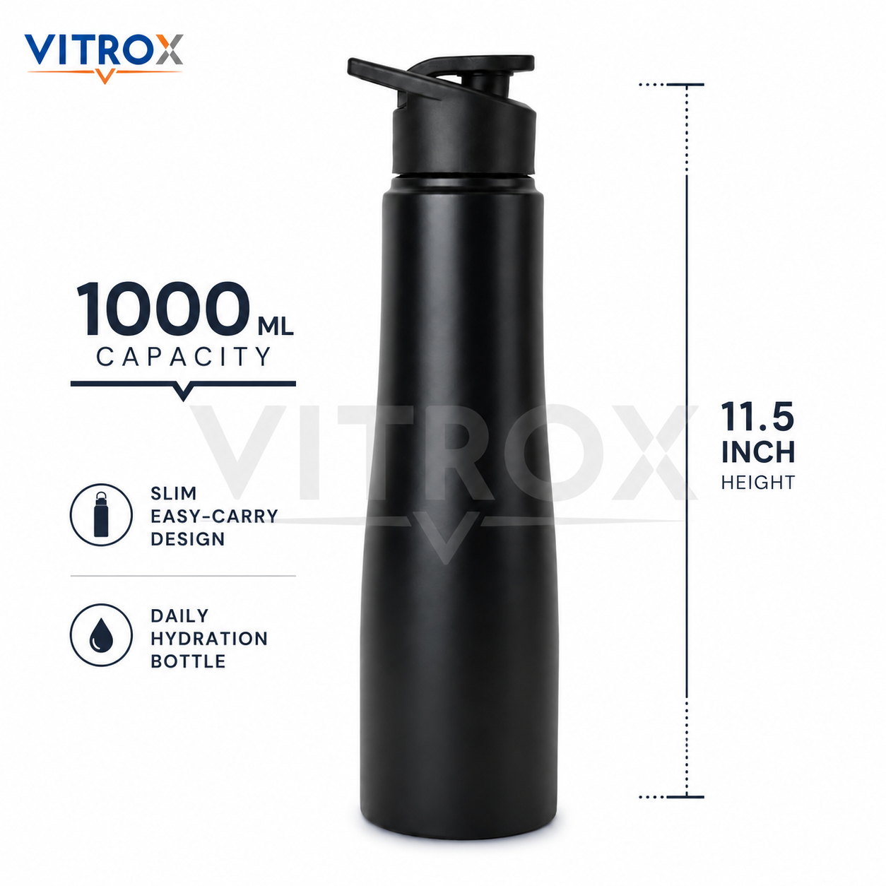 1000ml Matte Black Sipper Water Bottle with Flip Top Lid