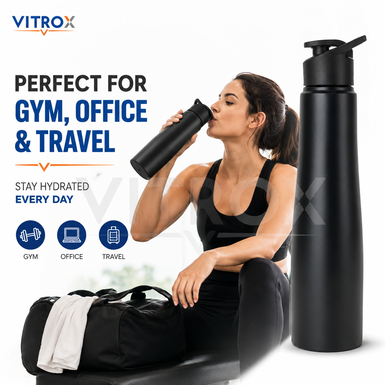 1000ml Matte Black Sipper Water Bottle with Flip Top Lid
