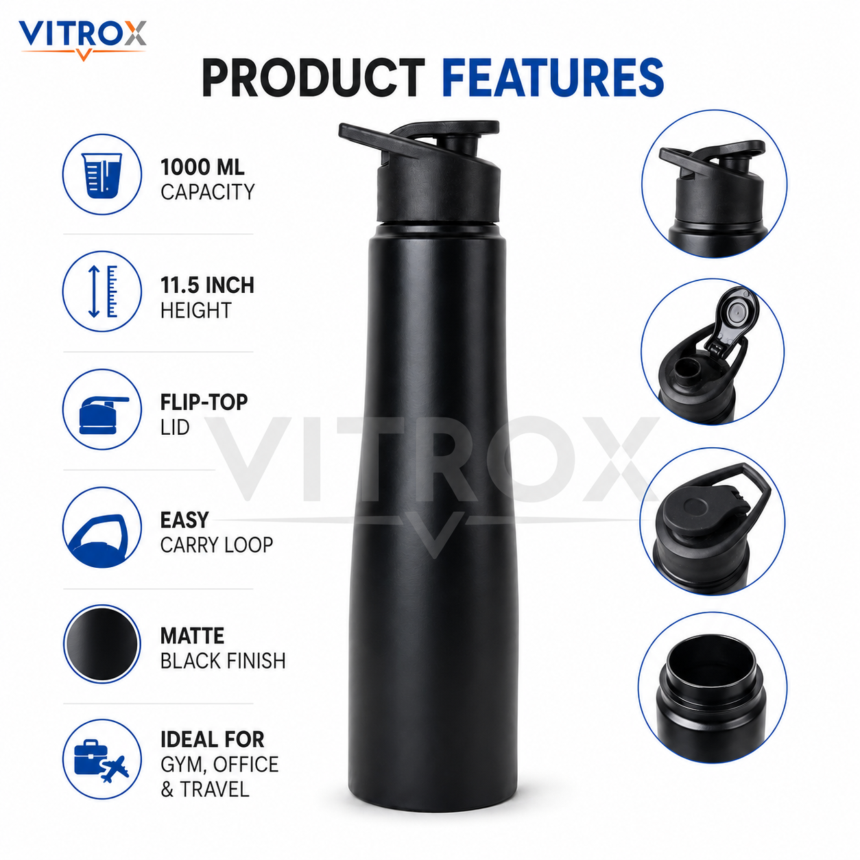 1000ml Matte Black Sipper Water Bottle with Flip Top Lid