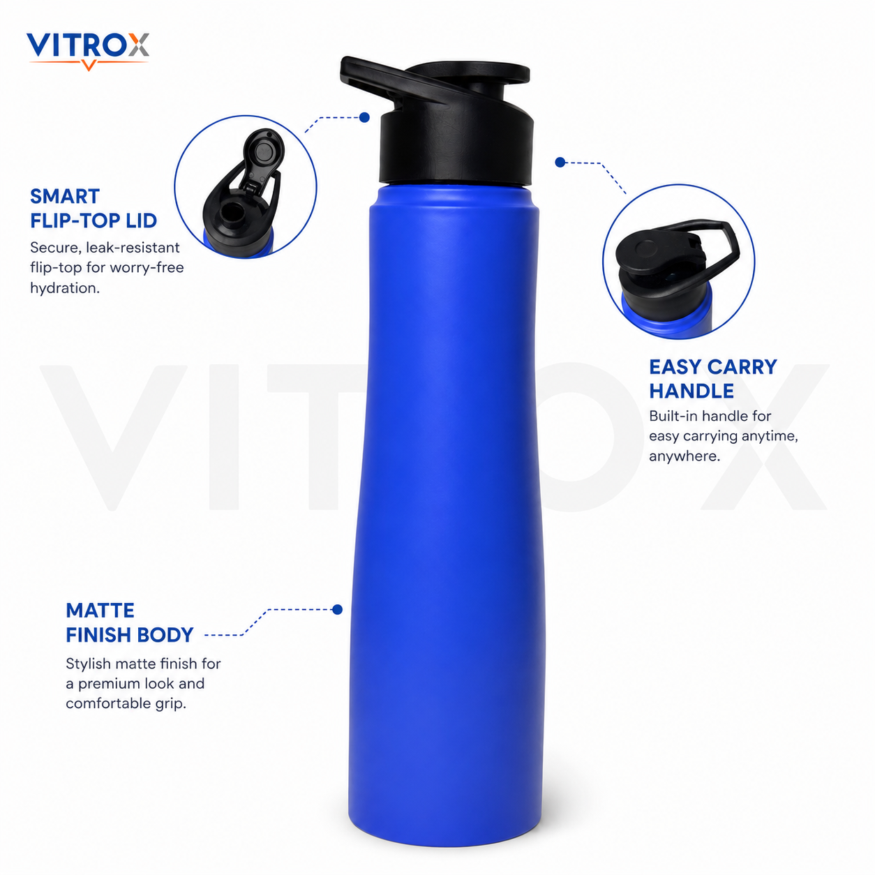 Vitrox 1000ml Matte Finish Sports Water Bottle with Flip Top Lid &amp; Carry Handle – Blue
