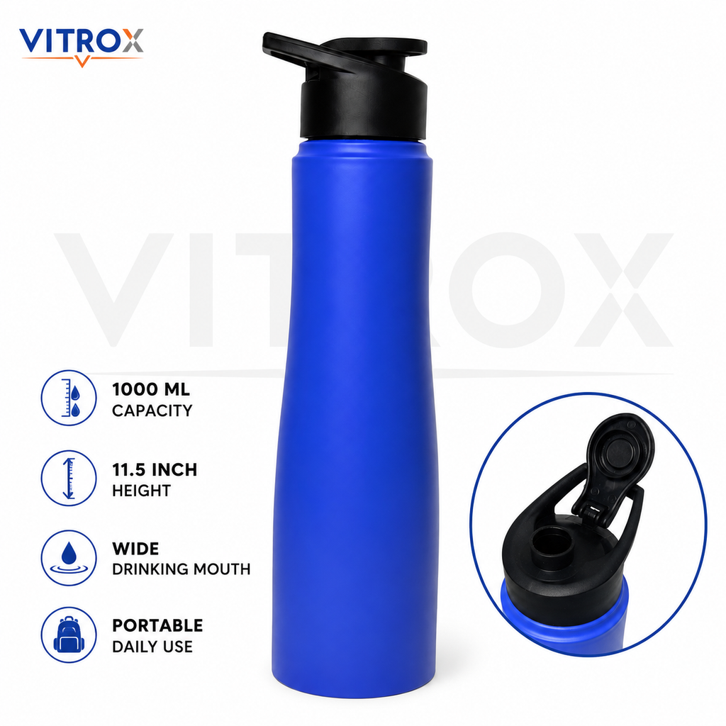 Vitrox 1000ml Matte Finish Sports Water Bottle with Flip Top Lid &amp; Carry Handle – Blue