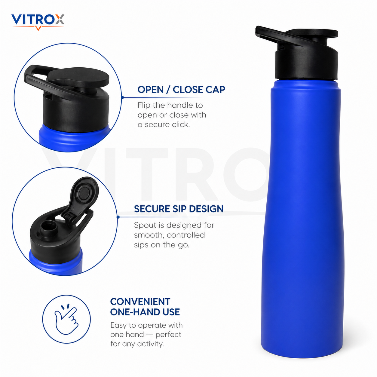 Vitrox 1000ml Matte Finish Sports Water Bottle with Flip Top Lid &amp; Carry Handle – Blue