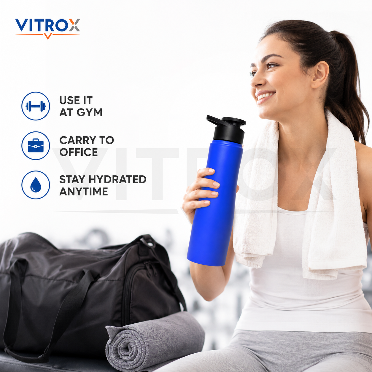 Vitrox 1000ml Matte Finish Sports Water Bottle with Flip Top Lid &amp; Carry Handle – Blue