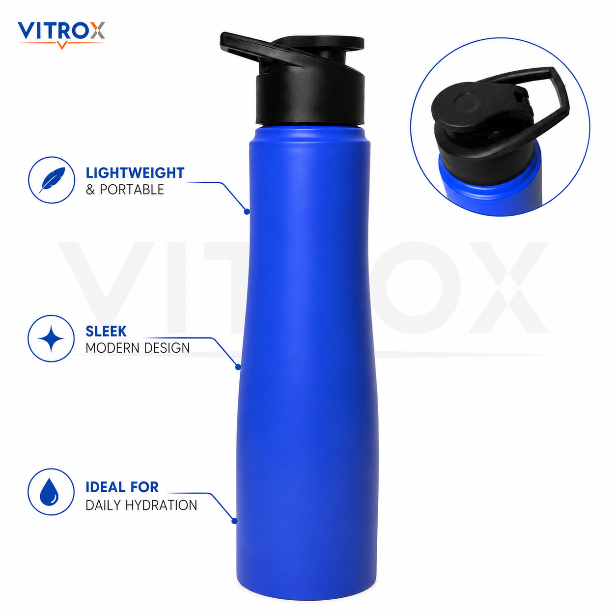 Vitrox 1000ml Matte Finish Sports Water Bottle with Flip Top Lid &amp; Carry Handle – Blue