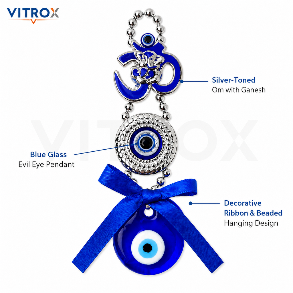 Vitrox Om Ganesha Evil Eye Hanging Charm with Blue Glass Pendant – 6 Inch Decorative Door, Office &amp; Car Ornament