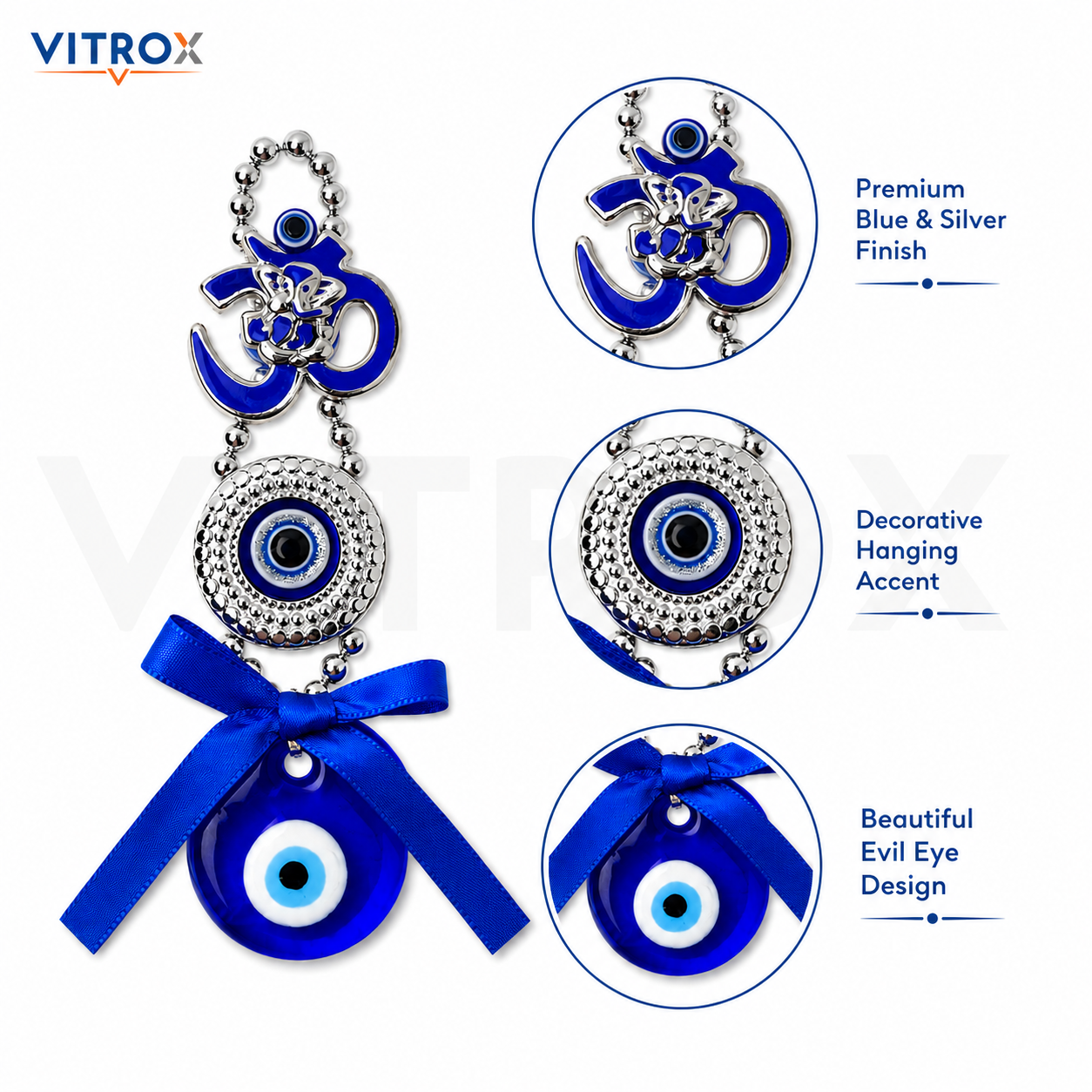 Vitrox Om Ganesha Evil Eye Hanging Charm with Blue Glass Pendant – 6 Inch Decorative Door, Office &amp; Car Ornament