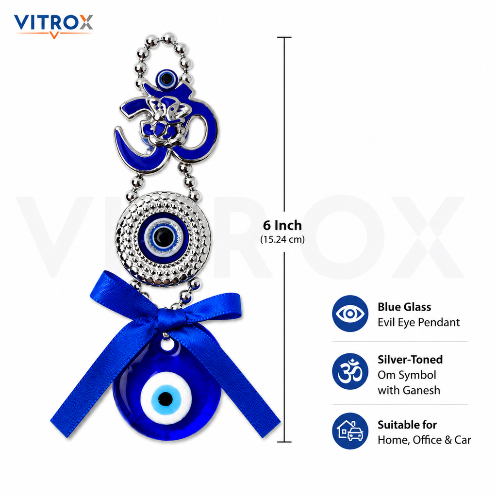 Vitrox Om Ganesha Evil Eye Hanging Charm with Blue Glass Pendant – 6 Inch Decorative Door, Office &amp; Car Ornament