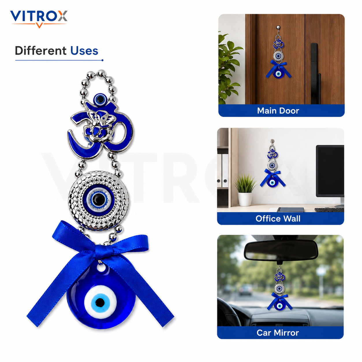 Vitrox Om Ganesha Evil Eye Hanging Charm with Blue Glass Pendant – 6 Inch Decorative Door, Office &amp; Car Ornament