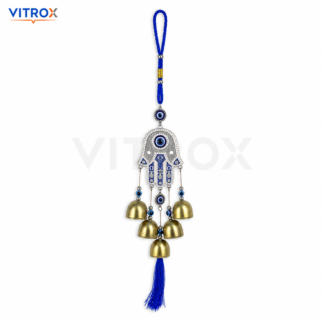 Vitrox Hamsa Hand Evil Eye Wind Chime with 5 Metallic Bells