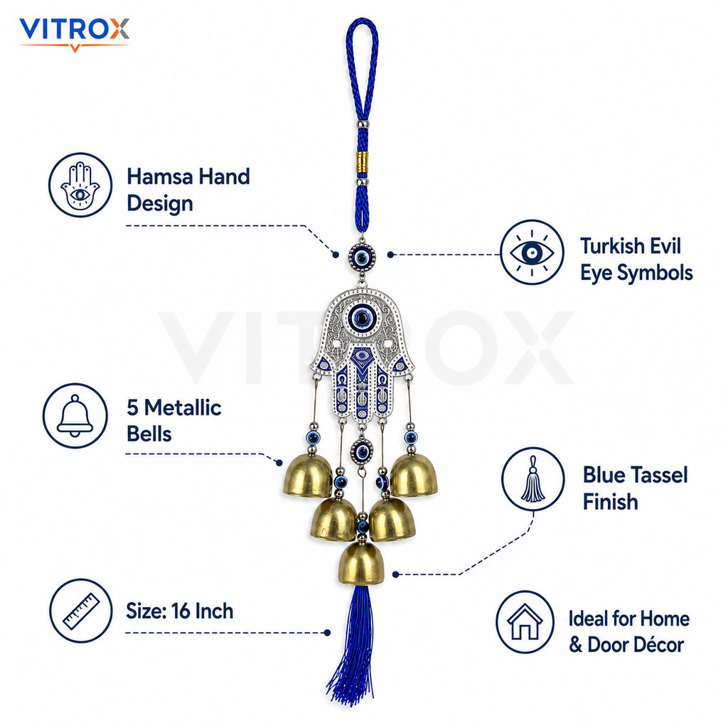 Vitrox Hamsa Hand Evil Eye Wind Chime with 5 Metallic Bells