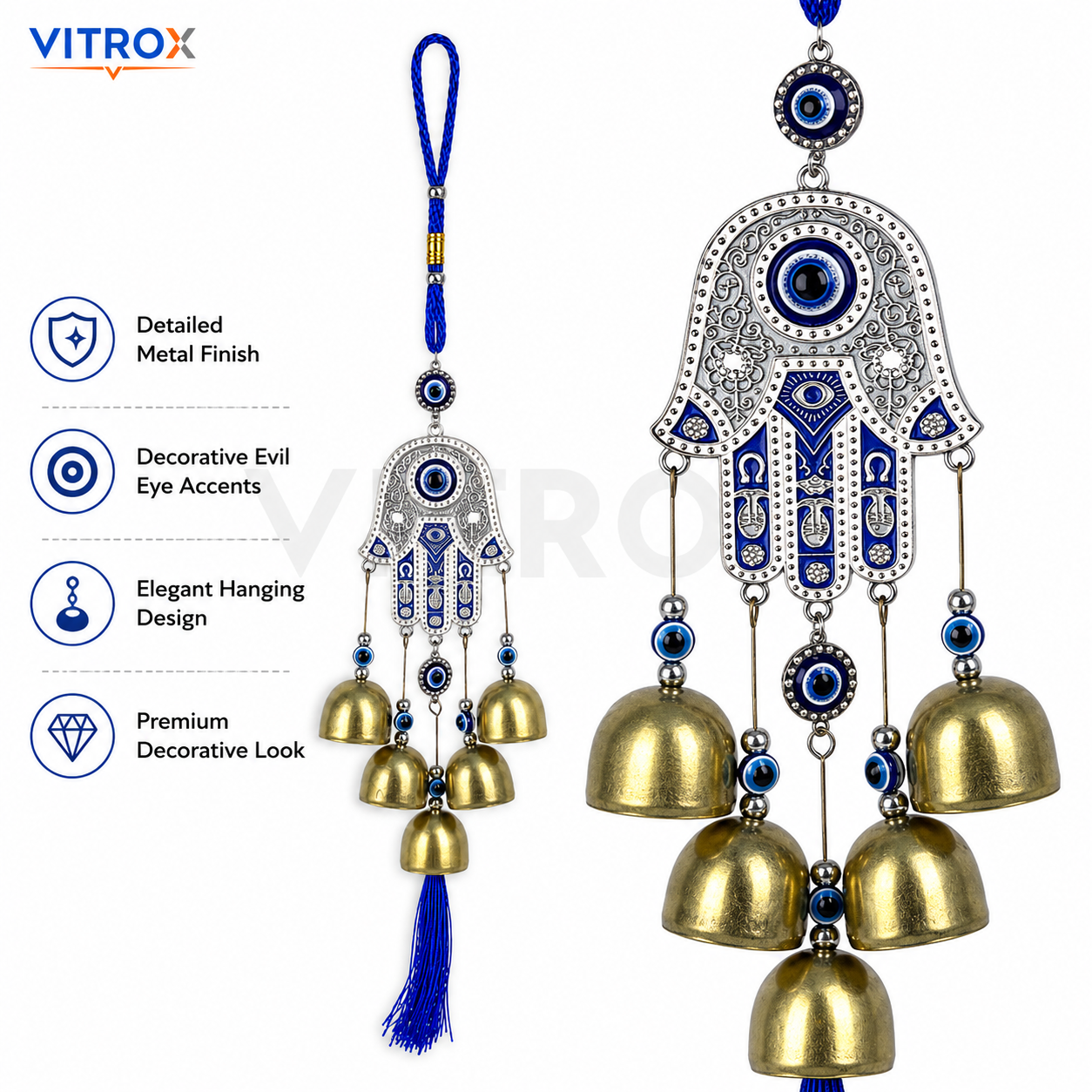 Vitrox Hamsa Hand Evil Eye Wind Chime with 5 Metallic Bells