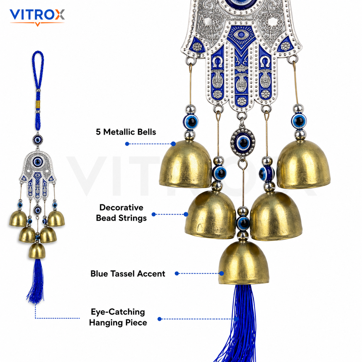 Vitrox Hamsa Hand Evil Eye Wind Chime with 5 Metallic Bells
