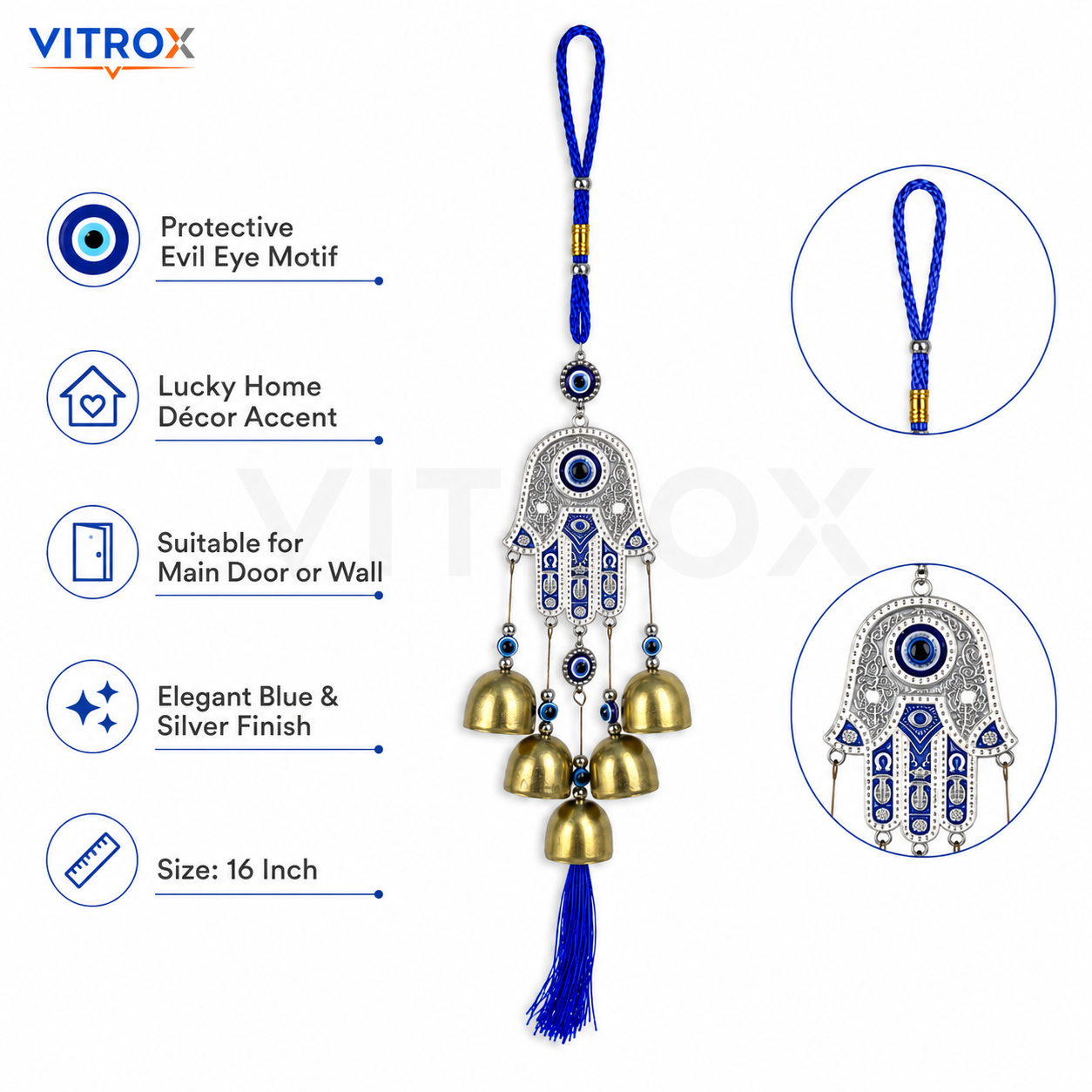 Vitrox Hamsa Hand Evil Eye Wind Chime with 5 Metallic Bells